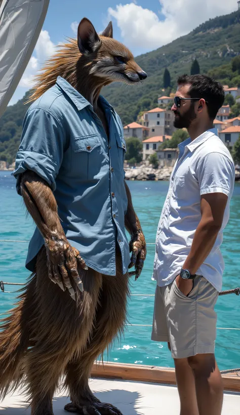 Humanoid Marten was large and agile, in a blue linen shirt, talked with a Croatian in white shirt and shorts, on a sailing boat on Dubrovnik Beach.