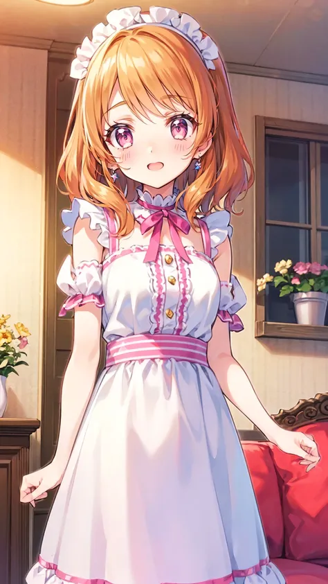 (( top quality,  Hi-Res,  perfect pixels, 16k)), anime style girls， orange hair， medium hair 、  pink eye（large1：2，beautiful detailed eyes），cute maid clothes（pink），１people， living room ，background， Masterpiece，Greeting scene ， and a surprised smile，Lift the...