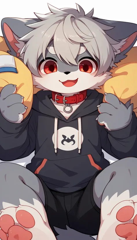   very detailed having fun in great detail,gray hair and gray fur , gray wolf , shemono,Grey Hair,Age 15,Participation, red collar on the floor,  cute face,  fluffy fur ,The three cute furries dance ！Horny boy , white background,  Embarrassed Face ,wide sm...