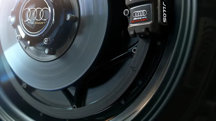 A high-speed camera capture of the 2025 Audi A7’s brake calipers gripping the disc tightly during a sudden stop, demonstrating the car’s advanced braking technology. The detailed shot shows the Audi Sport branding.  
