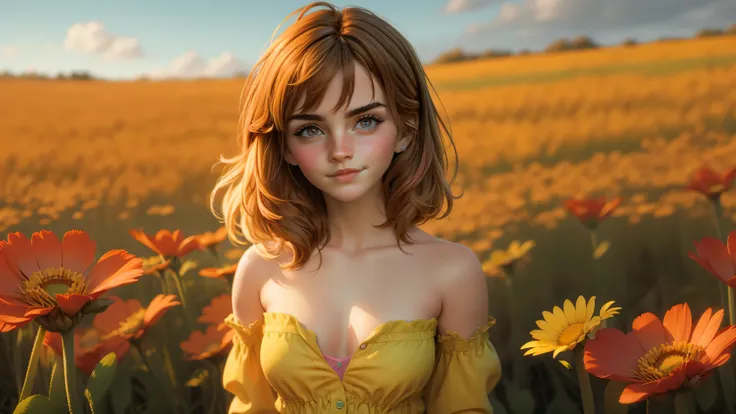 1girl, solo, (cute girl, young girl), (15yo), ((beautiful face)), glasses, ((green eyes)), ((standing upright in a field of colorfull wildflowers)), upper body, slim waist, ((perky breast)), ((cleavage)), ((hard nipples)), ((sexy pose, naughty face)), bang...