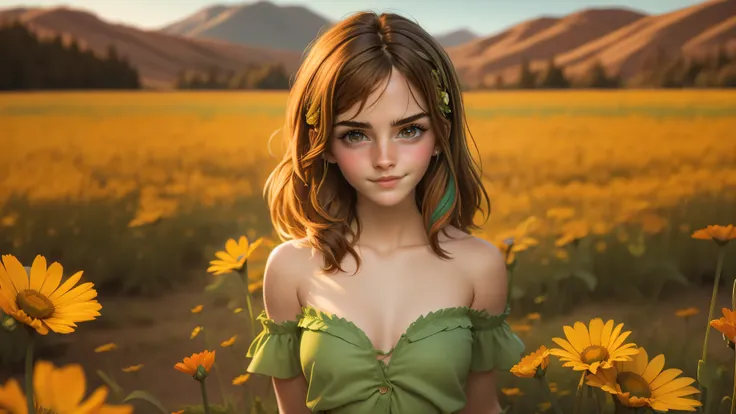 1girl, solo, (cute girl, young girl), (15yo), ((beautiful face)), glasses, ((green eyes)), ((standing upright in a field of colorfull wildflowers)), upper body, slim waist, ((perky breast)), ((cleavage)), ((hard nipples)), ((sexy pose, naughty face)), bang...