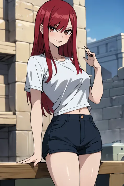 absurdres, highres, ultra detailed, young adult, (5 foot 6 inches tall), Erza scarlet ,blush , solo, brown eyes, oversized light grey t-shirt, black shorts, medium chest, medium ass, wide legs, looking at viewer, straight hairstyle, flirty smile, posing fo...