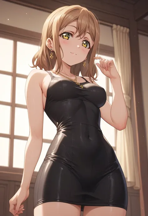 An image of Hanamaru Kunikida wearing a tight short black dress in a hotel room posing erotically standing ready to make love.