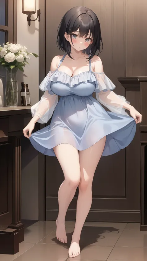 One Girl、positive、Standing posture、Full body portrait、Black Hair、Medium haircut、blush、Absolute area、No panties、Well good、barefoot、Light blue dress、Off-the-shoulder dress、（huge breasts）、Cleavage、((Lesbians around the world))、masterpiece、（highest quality）、ba...