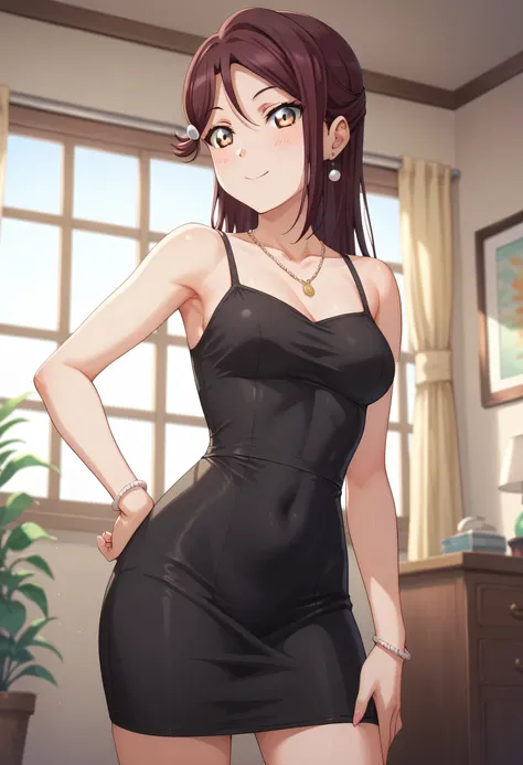 An image of riko sakurauchi wearing a tight short black dress in a hotel room posing erotically standing ready to make love.