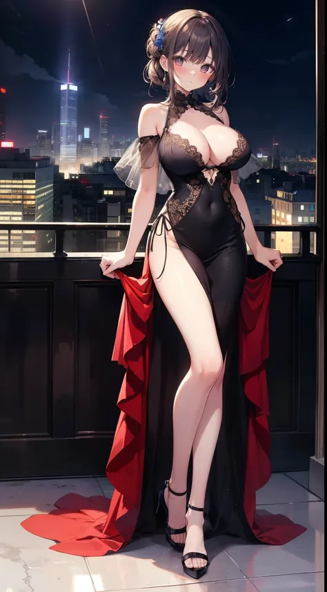 masterpiece, high resolution, 1girl, large full breasts, models, Cute anime illustration, blush, full body, city, evening gown, night, heels, 