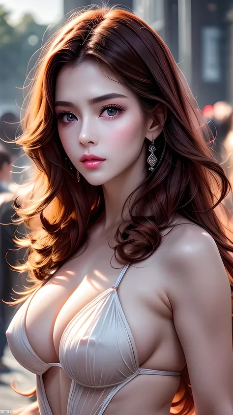  actual ,   high resolution ,  8k wallpaper,  full dynamic configuration ,  Seoul city background ,  beautiful and detailed eyes,  normal sized eyes , Long straight hair, Red Hair，Vivid lips , Large bust, Random and plain generic poses, Random cases,  summ...