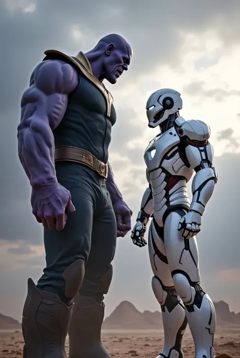 Thanos, vs ironman in white armor, face to face. 