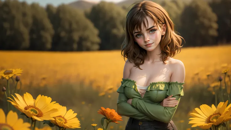 1girl, solo, (cute girl, young girl), (15yo), ((beautiful face)), glasses, ((green eyes)), ((round breast)), ((cleavage)), ((hard nipples)), upper body, slim waist, ((standing upright in a field of colorful wildflowers)), ((sexy pose, naughty face)), bangs...