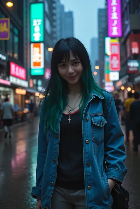 A girl standing on a puddle. The puddle is vaguely reflecting the surrounding neon signs. The girl is in her late twenties, with an inappropriate smiling expression on her face and her gaze looking slightly downward. In a cyberpunk worldview, the backgroun...