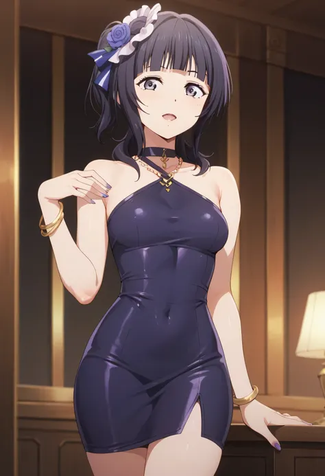 An image of karin asaka with  wearing a tight short violet dress in a hotel room posing erotically,  ready to make love.