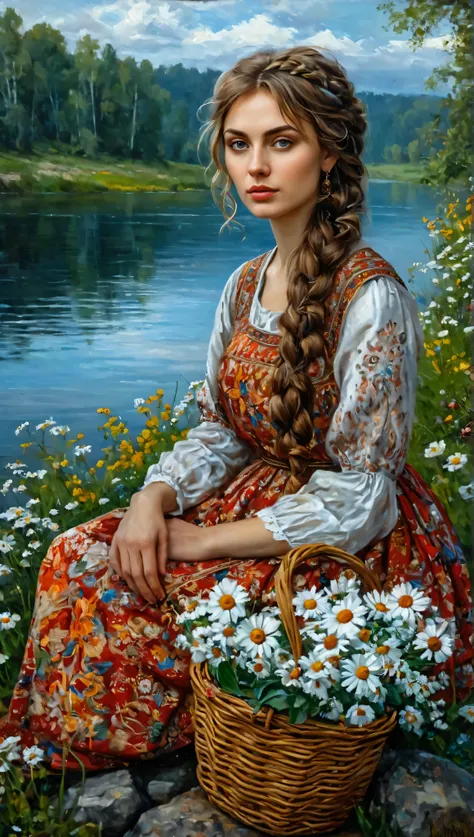 , painting of a woman , sitting on a rock by the river, (( large detailed eyes )), Beautiful Virgin, inspired by Konstantin Vasiliev, by the Slavic folk tale , a beautiful painting , Slavic style, Andrei Ryabushkina, Painting of a beautiful , bea...