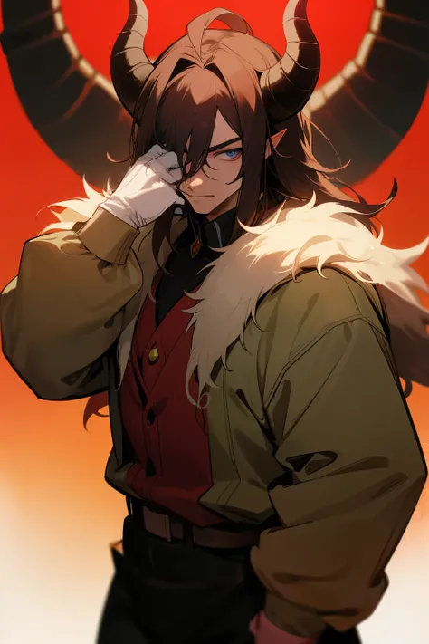 Anime Semi human bull man, hair in mane dark hair, eyes covered by hair, big horns, with rodeo theme