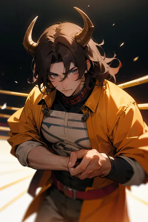 Anime Semi human bull man, hair in man,  dark hair, eyes covered by hair, big horns, with rodeo theme