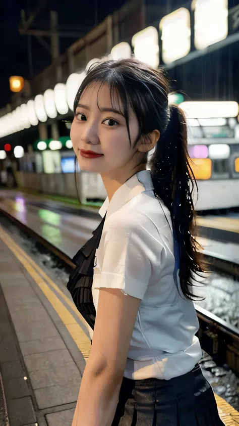 Photorealistic, masterpiece, 8k, A beautiful high school girl is standing at a train station on a rainy night, long black ponytail, wet hair, soaked uniform, (see-through white shirt due to rain:1.5), (black pleated skirt clinging to her skin:1.5), wet che...