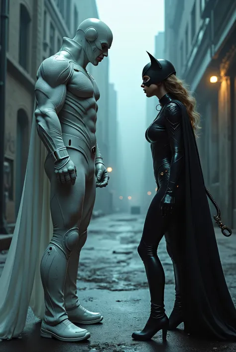 The vison in white costume, vs cat women, face to face. 