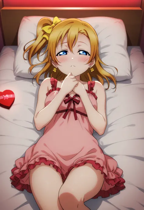 (Masterpiece, Best Quality, High Quality), anime style, love live,kousaka honoka , kousaka honoka,id_honoka_kosaka,love live, blue eyes, brown hair, 8k wallpaper, looking at viewer, earrings, (blush:1.2) , laying on bed, on back, negligee ,in heat, yellow ...