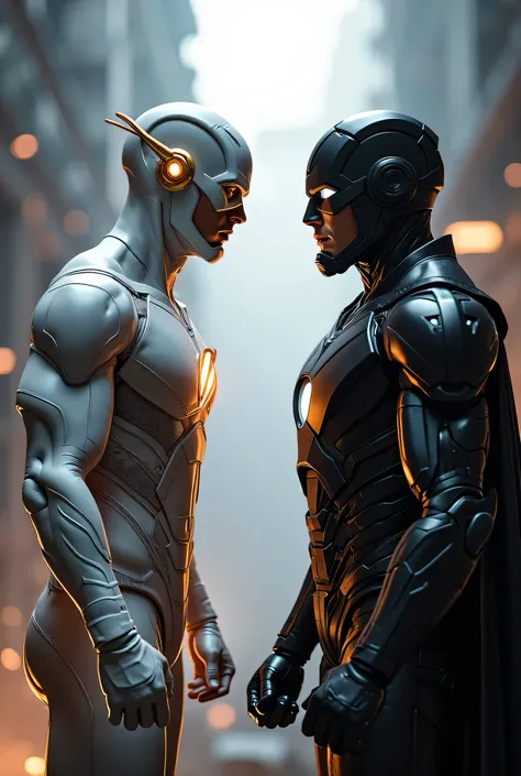 The flash in white costume, vs ironman in black costume, face to face. 