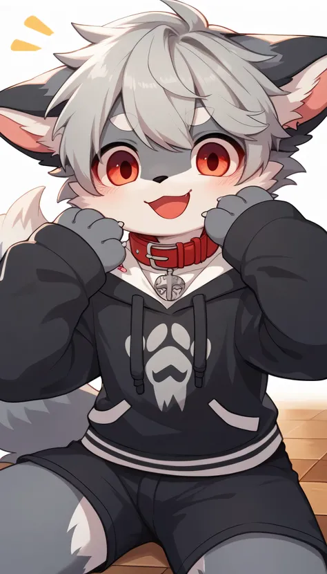   very detailed having fun in great detail,gray hair and gray fur , gray wolf , shemono,Grey Hair,Age 15,Participation, red collar on the floor,  cute face,  fluffy fur ,The three cute furries dance ！Horny boy , white background,  Embarrassed Face ,wide sm...