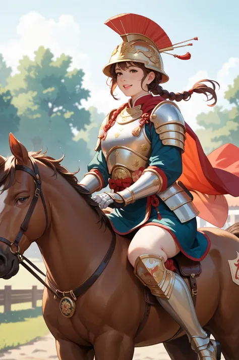 Picture of a Vietnamese woman aged 35 years old, slightly fat, with reddish brown hair, wearing Vietnamese royal armor.And wearing a war helmet riding a horse