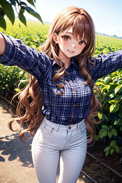 A graceful young lady,(((long wavy chestnut-colour hair))) and a calm, traditional aura, wearing a red checkered shirt, white denim pants, and sneakers. She stands at the entrance of a lush strawberry farm, spreading her arms wide with excitement, taking a...