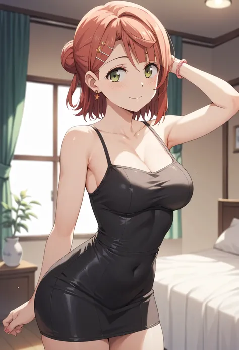 An image of Ayumu Uehara wearing a tight short black dress in a hotel room posing erotically,  ready to make love.