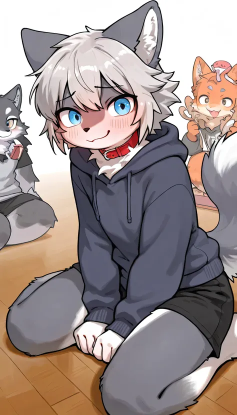   very detailed having fun in great detail,gray hair and gray fur , gray wolf , shemono,Grey Hair,Age 15,Participation, red collar on the floor,  cute face,  fluffy fur ,The three cute furries dance ！Horny boy , white background,  Embarrassed Face ,wide sm...