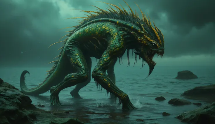 The mutant sea man. Newt, ichthyander. emerald scales. yellow fins and elements. He walks on two legs. Long, sharp claws and fangs. A long fish tail. A human head covered in scales. The growths on the head resemble a crown. He walks on the dark green coast...