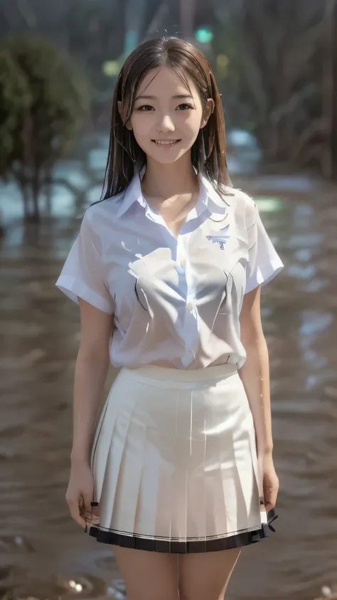 Photorealistic, masterpiece, 8k, (((((A lovely high school girl is standing in a schoolyard during a heavy rainstorm))))), medium-length brown hair, wet uniform, (transparent white shirt:1.5), black skirt, soaked socks, shoes drenched, listening to the sou...