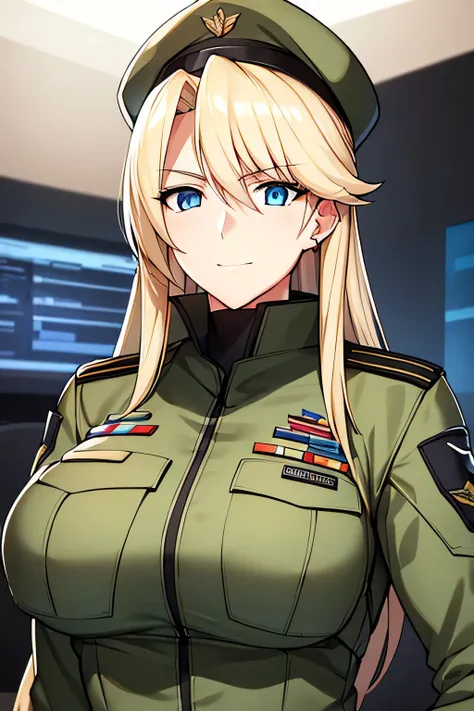 A highly detailed portrait of a tall, elegant American female military officer with blonde semi-long hair and piercing blue eyes. She is wearing a fitted urban camouflage military uniform, exuding professionalism and calm authority. Her expression is warm ...