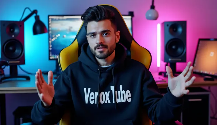 A young man with neatly styled dark hair and a well-groomed beard sits confidently in a gaming chair with yellow accents. He is wearing a black hoodie with the text 'Venox Tube' in bold white letters. His hands are gesturing expressively as he speaks, crea...