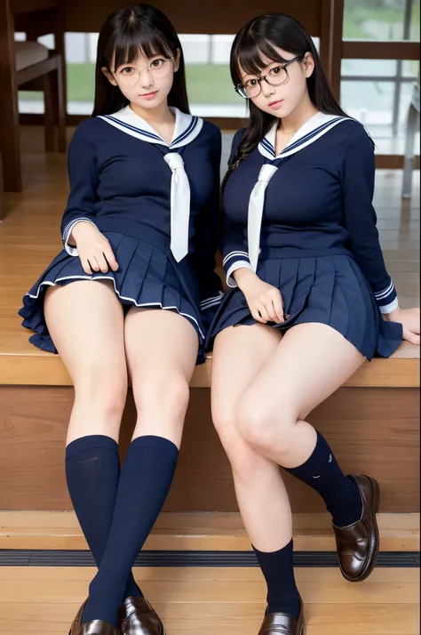 2 Japanese high school girls posing 、    wearing black knee socks  ,  sailor suit from a lower level store, Japanese School Uniform, 、 upskirt、  low angle shot 、( between thighs 、  Sisters、High sexual desire、 are dying to have sex )、   realistic young grav...