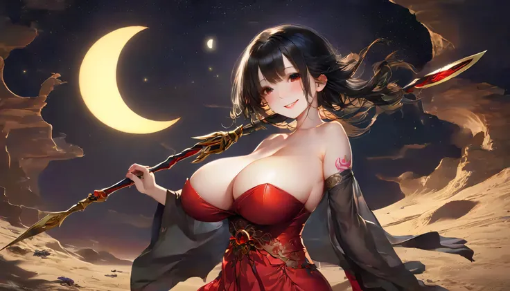  stands in the desert with the night sky in the background ,A goddess similar to a cute Japanese woman, she wears a bright red rose-colored dress ,A tattoo with a geometric pattern shines on her chest,長い black hairの髪が風に流れ, staring forward with a provocativ...