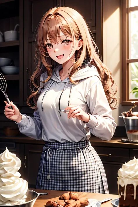 A graceful young lady,(((long wavy chestnut-colour hair))) and a calm, traditional aura,(brown eyes), dressed in a white hoodie and a gingham checkered skirt. She stands at a dessert-making station, holding a whisk and mixing cream in a bowl. A bit of whip...