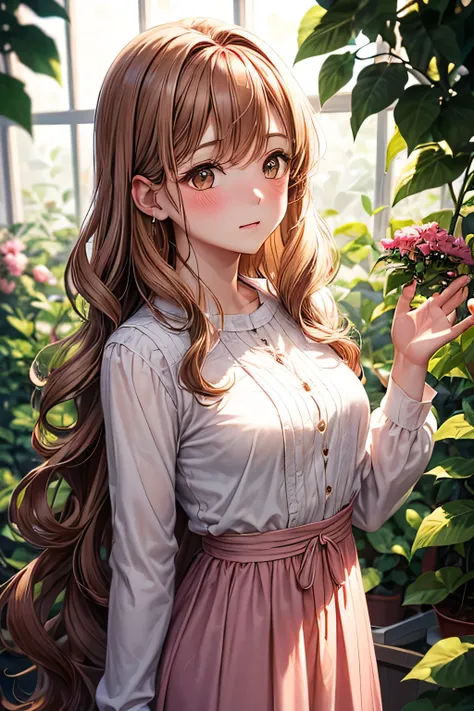 A graceful young lady,(((long wavy chestnut-colour hair))) and a calm, traditional aura,(brown eyes), wearing a light pink chiffon dress. She looks slightly surprised yet flattered as she gazes at someone, her cheeks lightly blushed. The soft sunlight filt...