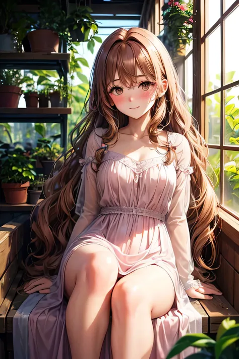 A graceful young lady,(((long wavy chestnut-colour hair))) and a calm, traditional aura,(brown eyes), wearing a light pink chiffon dress. She looks slightly surprised yet flattered as she gazes at someone, her cheeks lightly blushed. The soft sunlight filt...