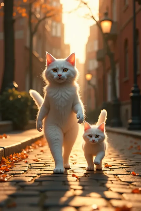 A graceful humanoid white-furred cat walks confidently down a peaceful urban street, her delicate feline features blending elegance and mystery. Her soft, silky white fur glows under the golden hues of the evening sun. Beside her, a small white-furred huma...