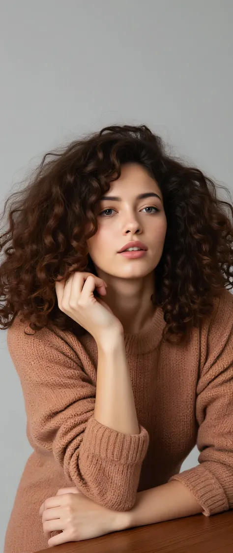 girl with curly beautiful well-groomed curly brown hair,light gray background,in a sweater