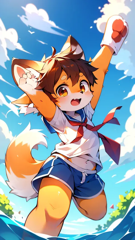 Red panda boy in sailor suit,Characteristics of Sailor Suits, 超 Hi-Res,  very well detailed, big,  pointed ears ,  eye color is bright orange or yellow ,  blue sailor suit   , shorts,  shorts ,(Fox ear style  ),  Hi-Res , Cheering expression  ,  Anime Cute...