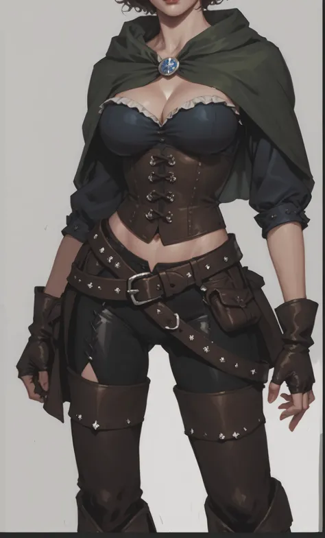  Masterpiece ,  beautiful illustration,  Middle Ages,  medieval, medieval costume,  girl ,  young ,  big breasts,  Comfortable tight pants ,  tall leather boots ,  belt with lots of pockets and pouches ,  on the body — short corset or leather top, navel op...