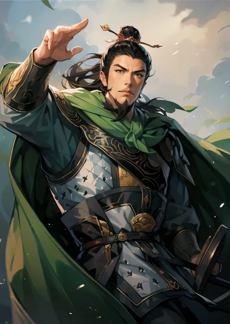 (((Maintain color ))), ((( picture style maintenance ))), (( Koei Three Kingdoms illustration style)), ((Maintain the composition)),  Attractive Man ,  dark background , (( black hair)), warlord, 검을 차고 있는 warlord,  Wind-Blown Cloak