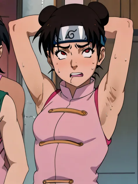 Tenten,human woman.with brown eyes and pink clothing. Her hair is long and brown in color; She is beautiful. Fair skin.Tsundere face. Pink eye shading,mature appearance,armpits,sweat,sweaty,sweaty armpits,arms up,showing armpits,awesome armpits,tongue