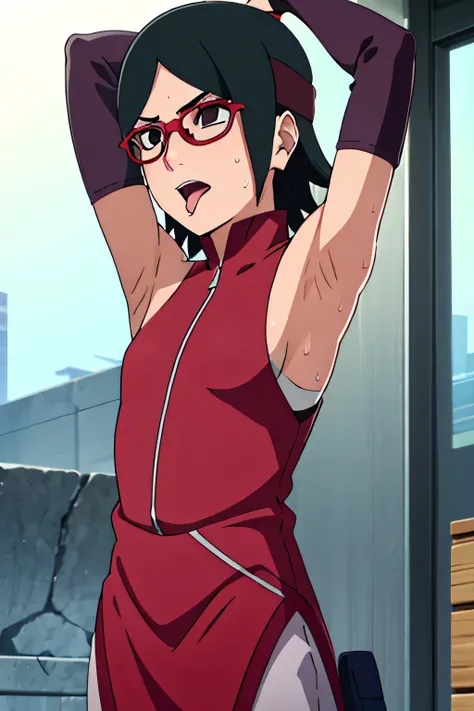 Sarada Uchiha,human woman with fair skin. She is a r with black eyes and red clothing. Her hair is black in color; She is beautiful.Wearing red rimmed glasses.Tsundere face. Pink eye shading,mature appearance,armpits,sweat,sweaty,sweaty armpits,arms up,s...