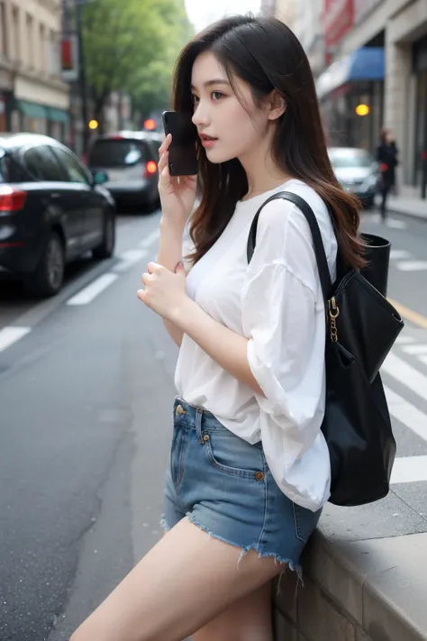  beautiful young woman ,  Playing Cell Phones in the Middle of the Street ,  short clothes 