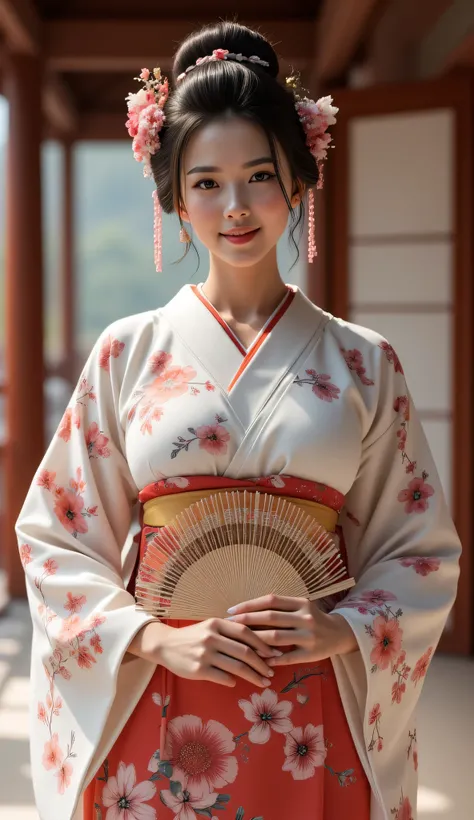 A symmetrically balanced distance wide angle image set in ancient tokugawa time era. The scene features a hyper-realistic, lively, luscious, and shapely anciently japanese woman, a folk bust geisha, with a blush and a smile, traditionally dressed in a shap...