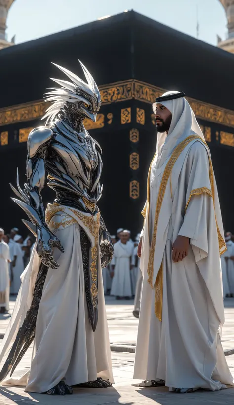 Humanoid Eagle-built-bodied, wears Thobe White with Agal Black, talking to a Saudi man in a golden bishy, in front of the Kaaba in Makkah.