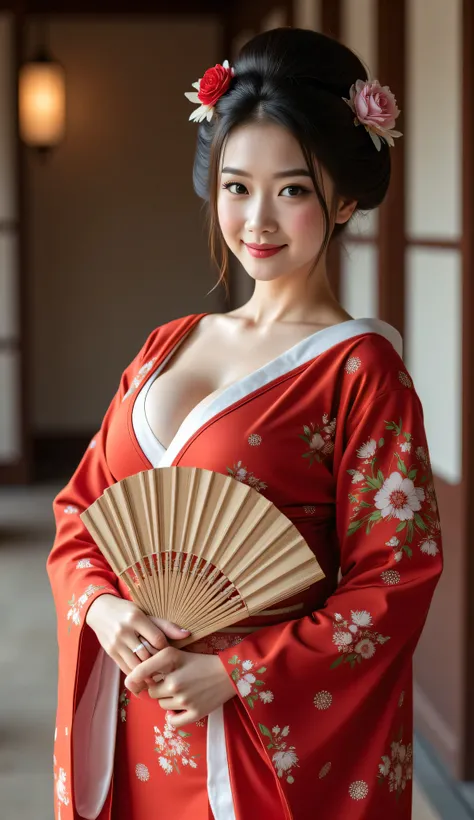 A symmetrically balanced distance wide angle image set in ancient tokugawa time era. The scene features a hyper-realistic, lively, luscious, and shapely anciently japanese woman, a folk bust geisha, with a blush and a smile, traditionally dressed in a shap...