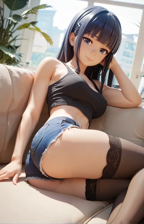  score_9,  score_8_ up,  score_7_ up,  1 girl, 4K,  Hinata Hinata,  masterpiece,  with dark hair,  sitting on a couch, black top,  jeans shorts,  black stockings,  sexy pose with a hard face, close  up,