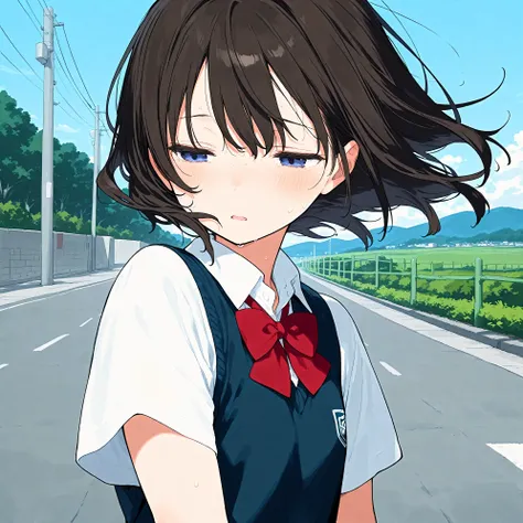 (masterpiece), (best quality), (ultra-detailed), artist:fujiyama, 1girl, exhausted, route of a school, wind,
